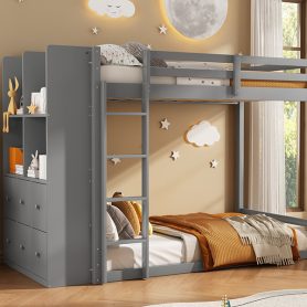 Twin Size Bunk Bed with Drawers, Shelves and Light