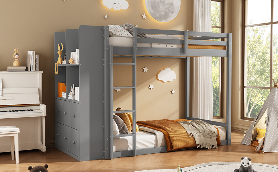 Twin Size Bunk Bed with Drawers, Shelves and Light