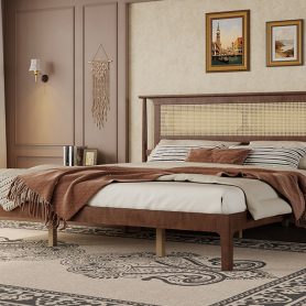King Size Solid Wooden Bed with Rattan Headboard