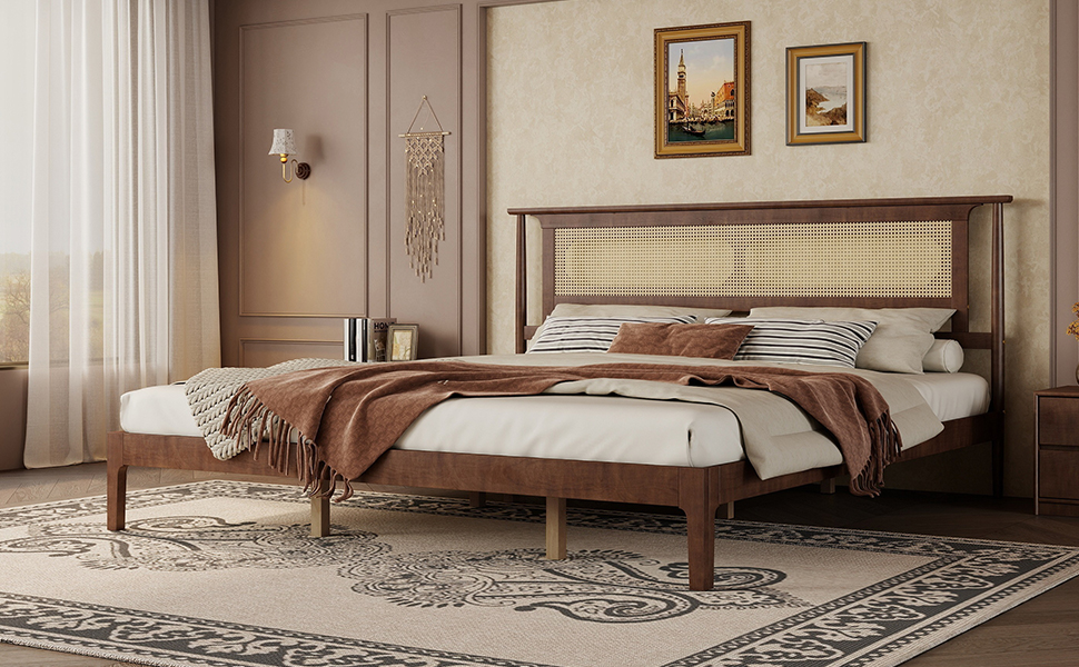 King Size Solid Wooden Bed with Rattan Headboard