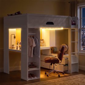 Full Size Solid Wood Loft Bed With L-Shaped Desk, Storage Cabinet and Wardrobe