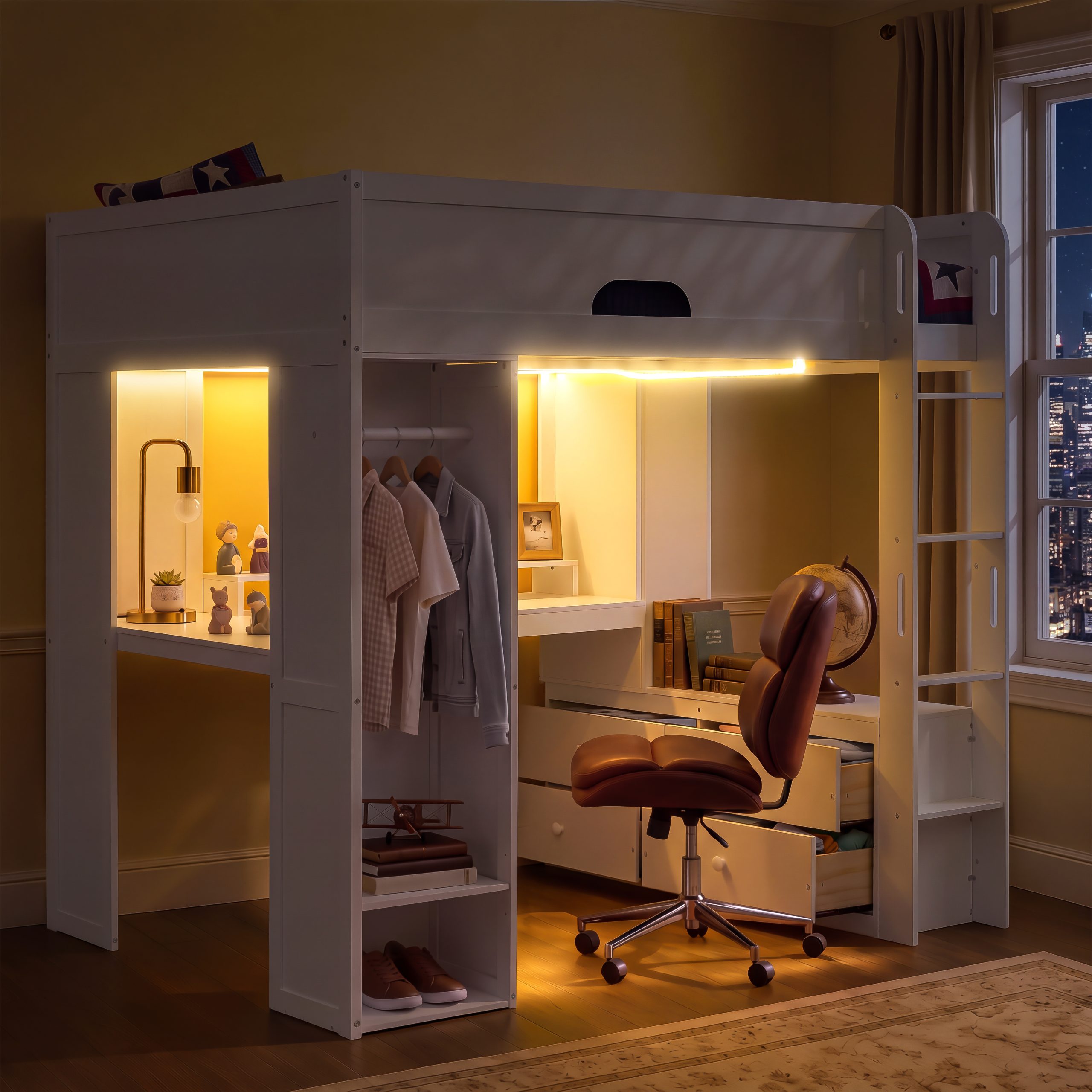 Full Size Solid Wood Loft Bed With L-Shaped Desk, Storage Cabinet and Wardrobe