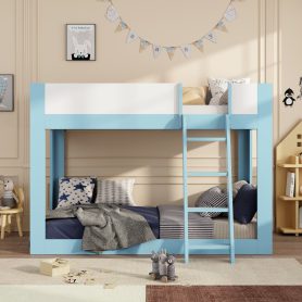 Twin Size Low Convertible Bunk Bed With Reversible Ladder And Safety Guardrails