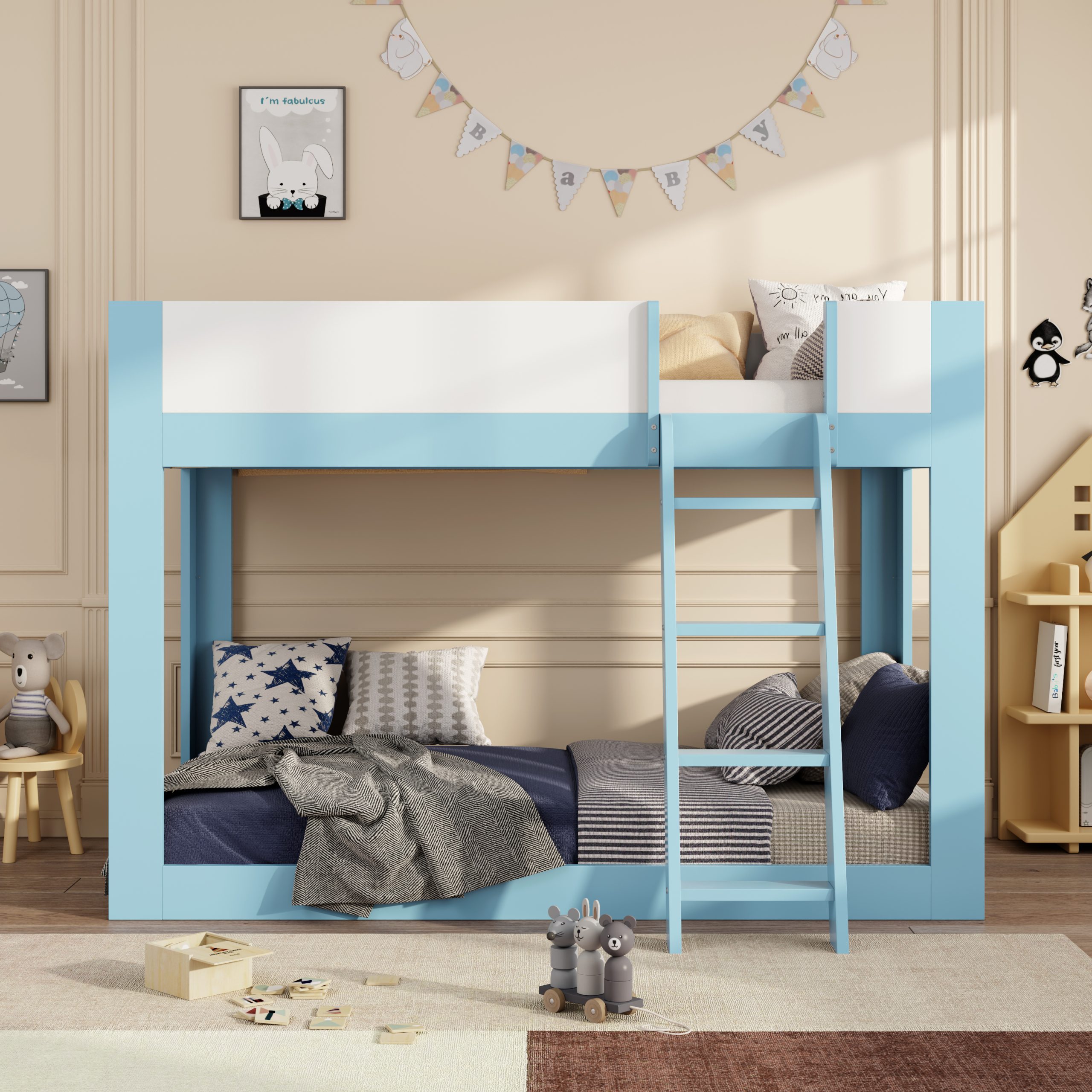 Twin Size Low Convertible Bunk Bed With Reversible Ladder And Safety Guardrails