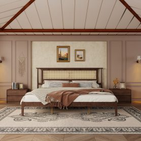 King Size Solid Wooden Bed with Rattan Headboard