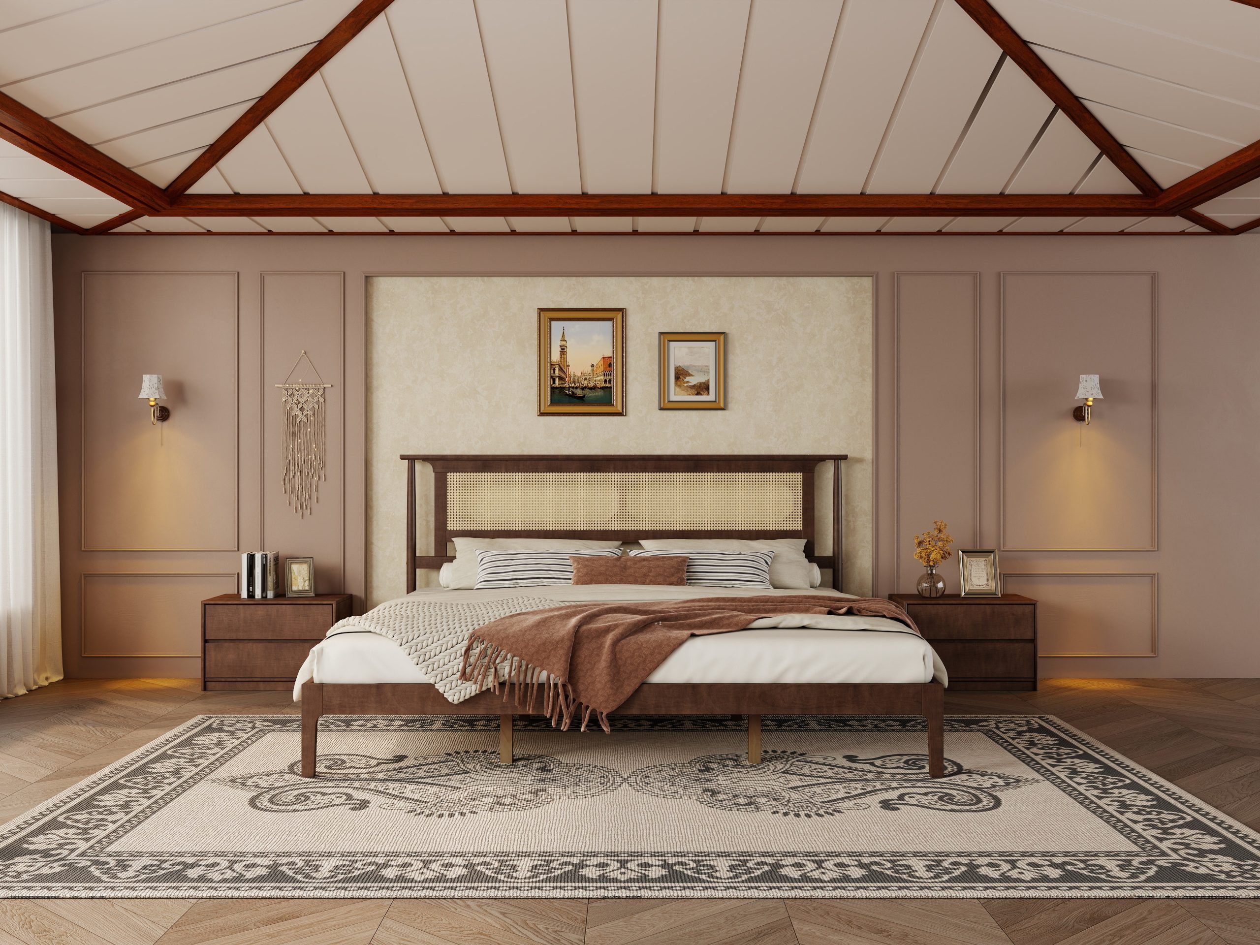 King Size Solid Wooden Bed with Rattan Headboard