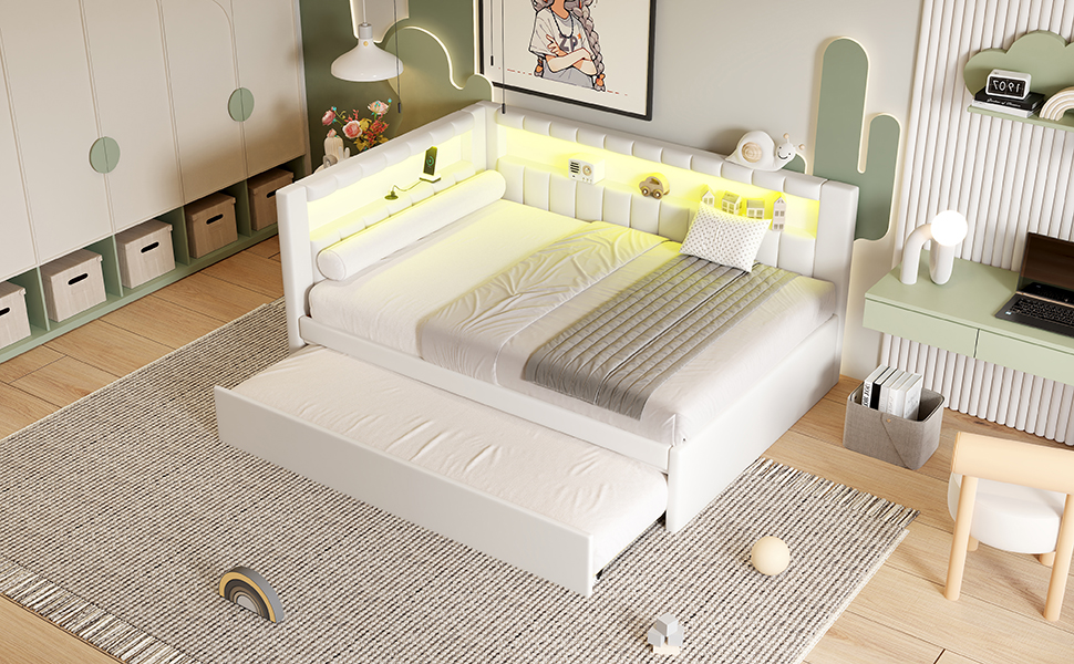 Upholstered Full Size Platform Bed with Trundle, USB Ports and LED Belt
