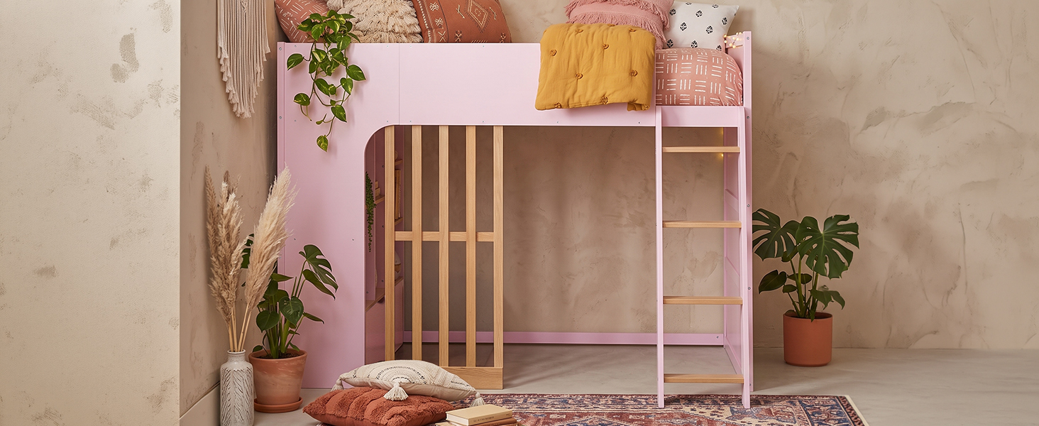 Twin Size Wooden High Sleeper Loft Bed with Ladder and Storage Shelves