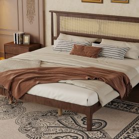 King Size Solid Wooden Bed with Rattan Headboard