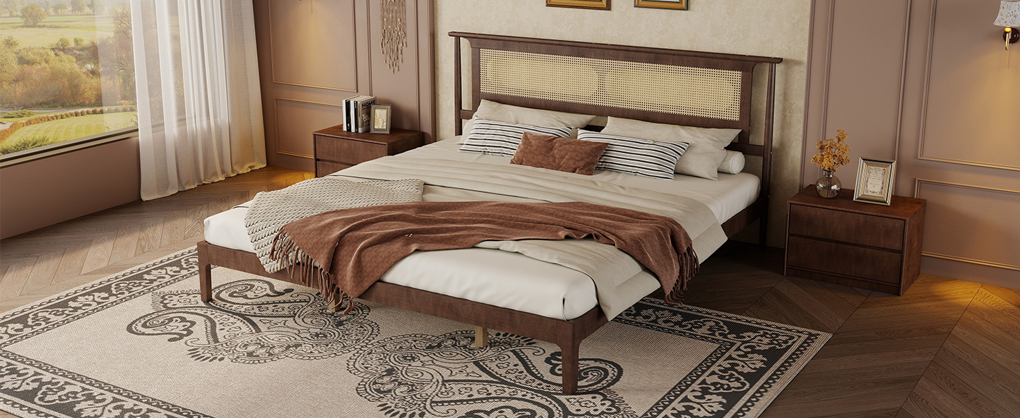 King Size Solid Wooden Bed with Rattan Headboard