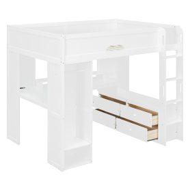 Full Size Solid Wood Loft Bed With L-Shaped Desk, Storage Cabinet and Wardrobe