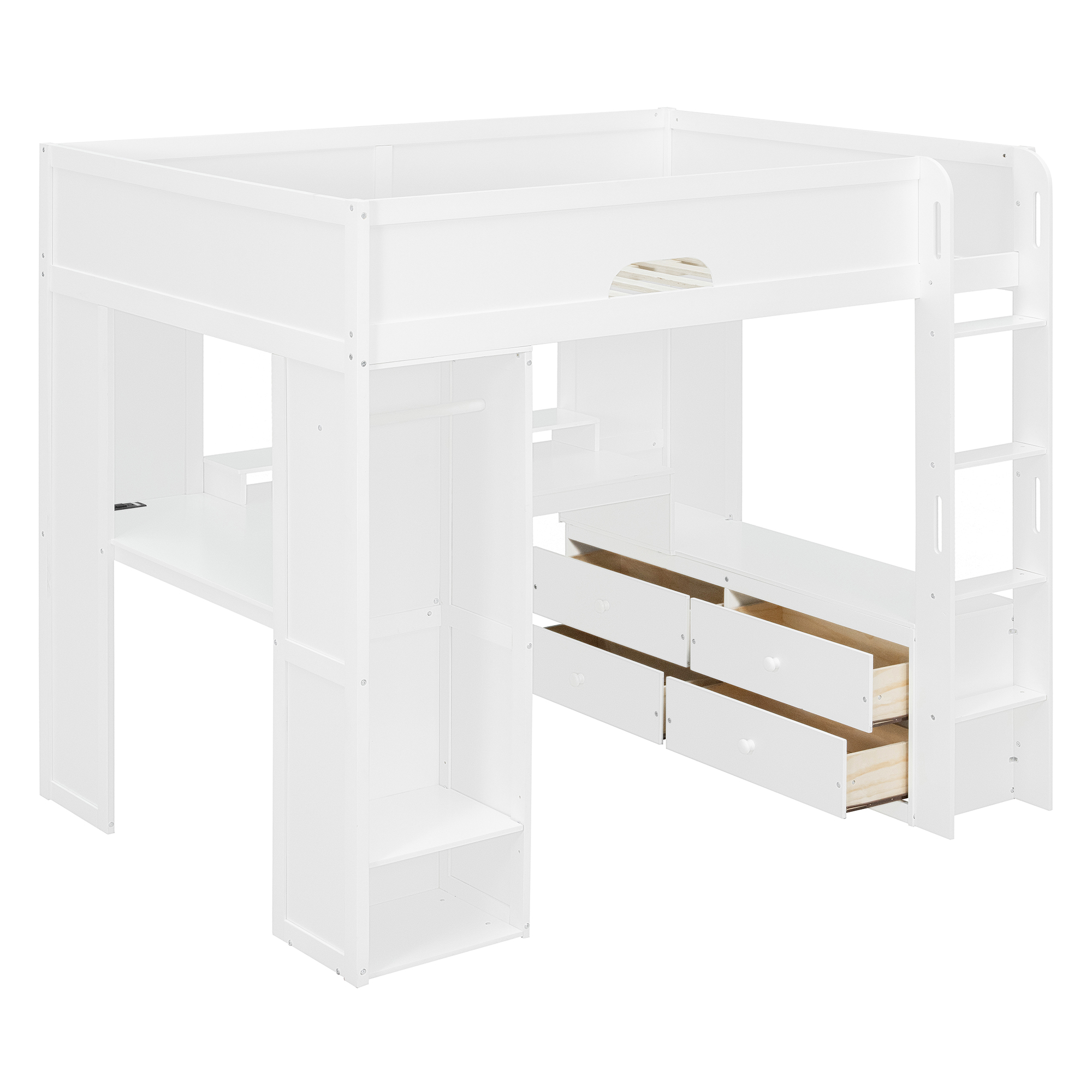 Full Size Solid Wood Loft Bed With L-Shaped Desk, Storage Cabinet and Wardrobe