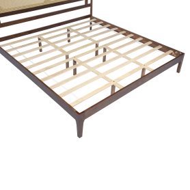 King Size Solid Wooden Bed with Rattan Headboard