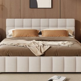 Queen Size Upholstered Platform Bed Frame with 4 Storage Drawers