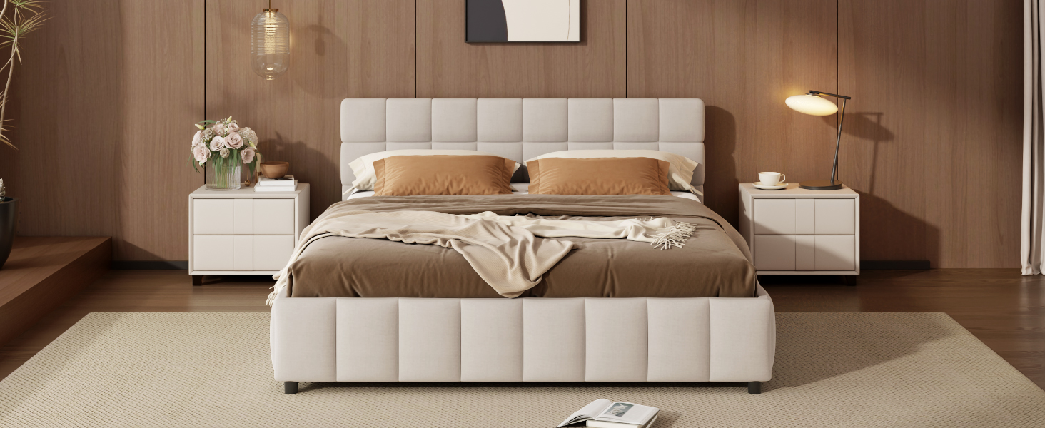 Queen Size Upholstered Platform Bed Frame with 4 Storage Drawers