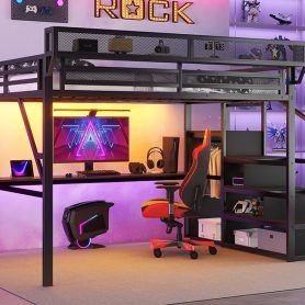 Metal Queen Size Loft Bed With Desk, Charging Station, Stairs And Light