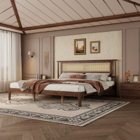 King Size Solid Wooden Bed with Rattan Headboard