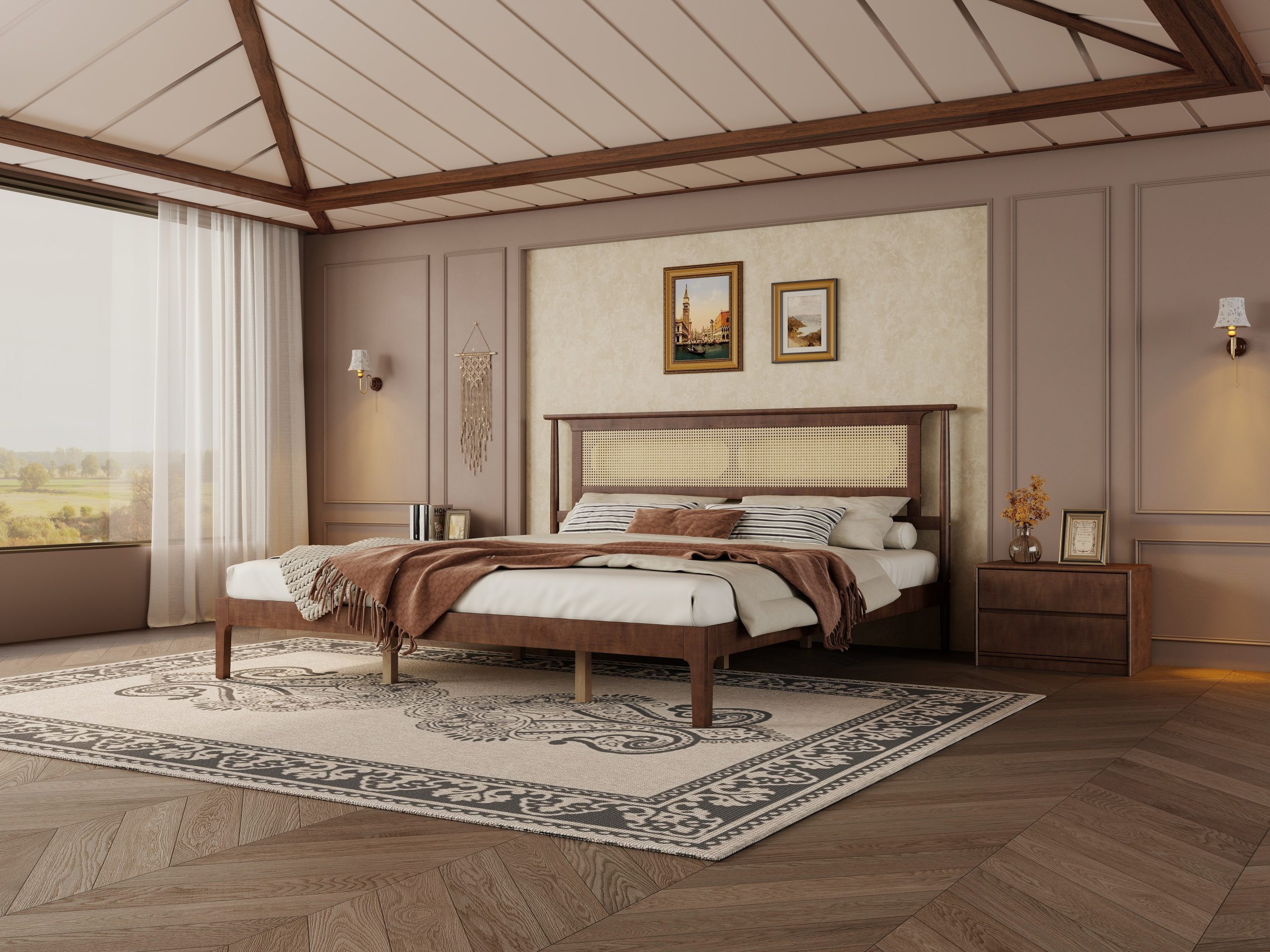 King Size Solid Wooden Bed with Rattan Headboard