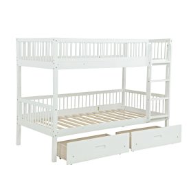 Twin Over Twin Pine Wood Bunk Bed With 2 Drawers, Convertible into 2 Twin Beds