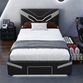 Twin Size Upholstered Gaming Bed Frame with LED Lights