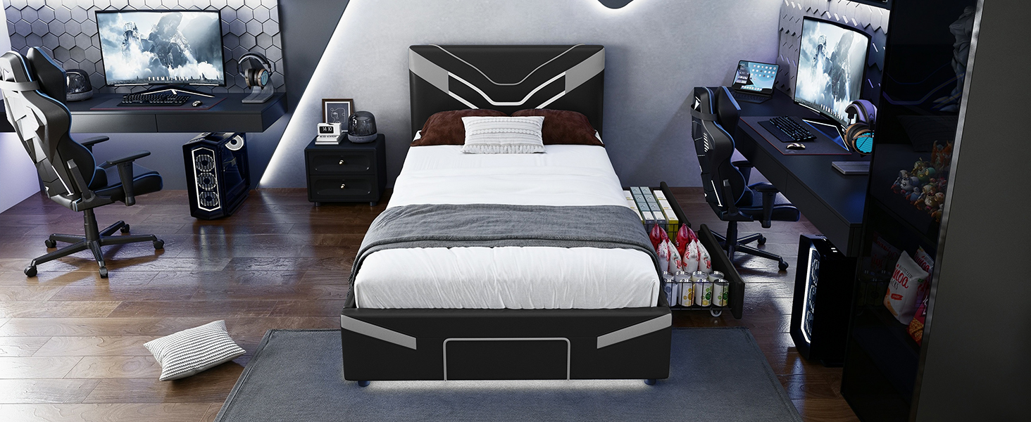 Twin Size Upholstered Gaming Bed Frame with LED Lights