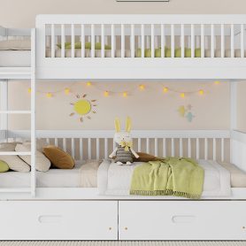 Twin Over Twin Pine Wood Bunk Bed With 2 Drawers, Convertible into 2 Twin Beds