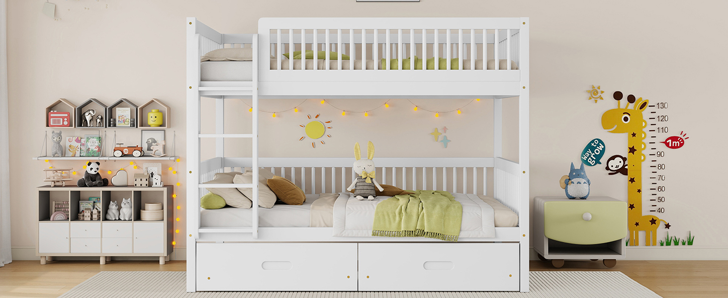 Twin Over Twin Pine Wood Bunk Bed With 2 Drawers, Convertible into 2 Twin Beds