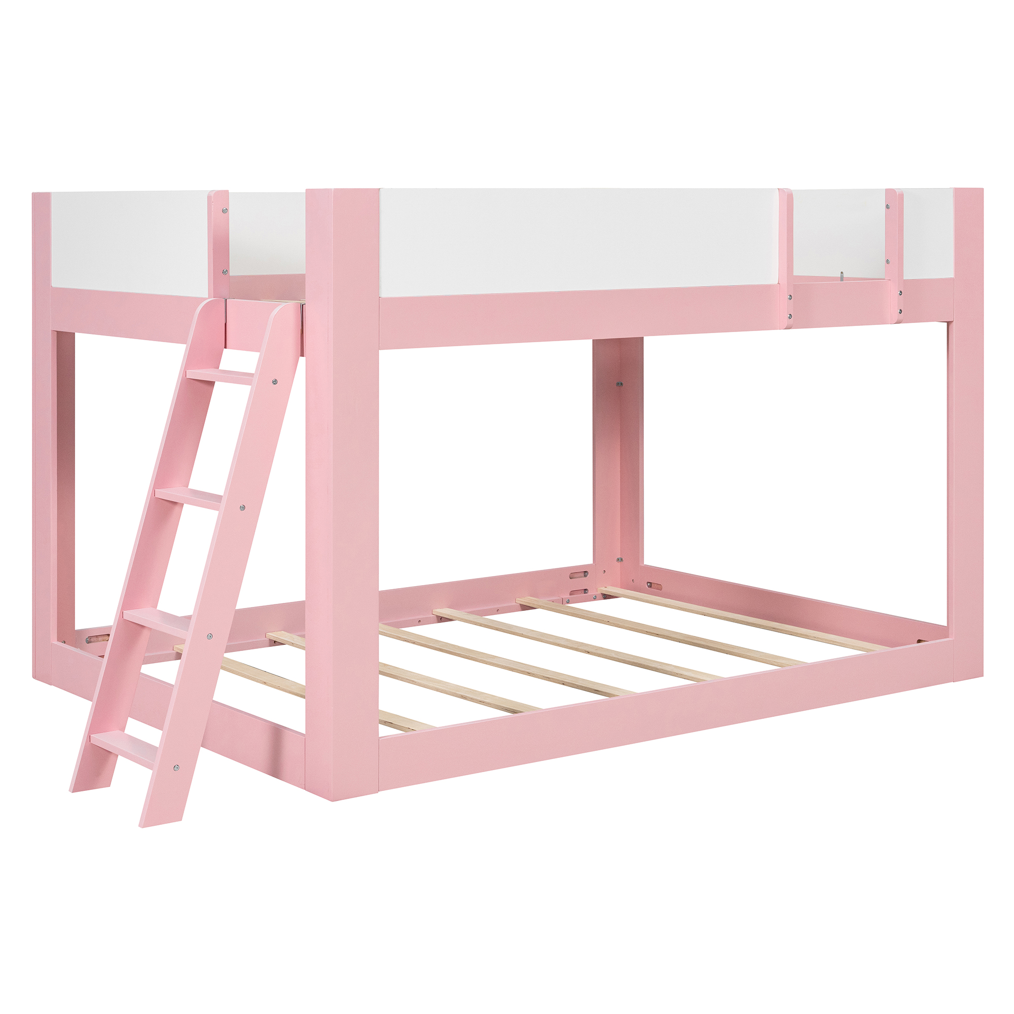 Queen Size Low Convertible Bunk Bed With Reversible Ladder And Safety Guardrails