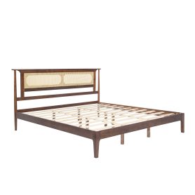 King Size Solid Wooden Bed with Rattan Headboard