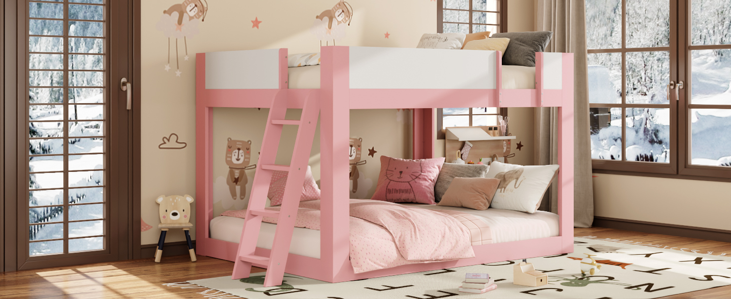 Queen Size Low Convertible Bunk Bed With Reversible Ladder And Safety Guardrails