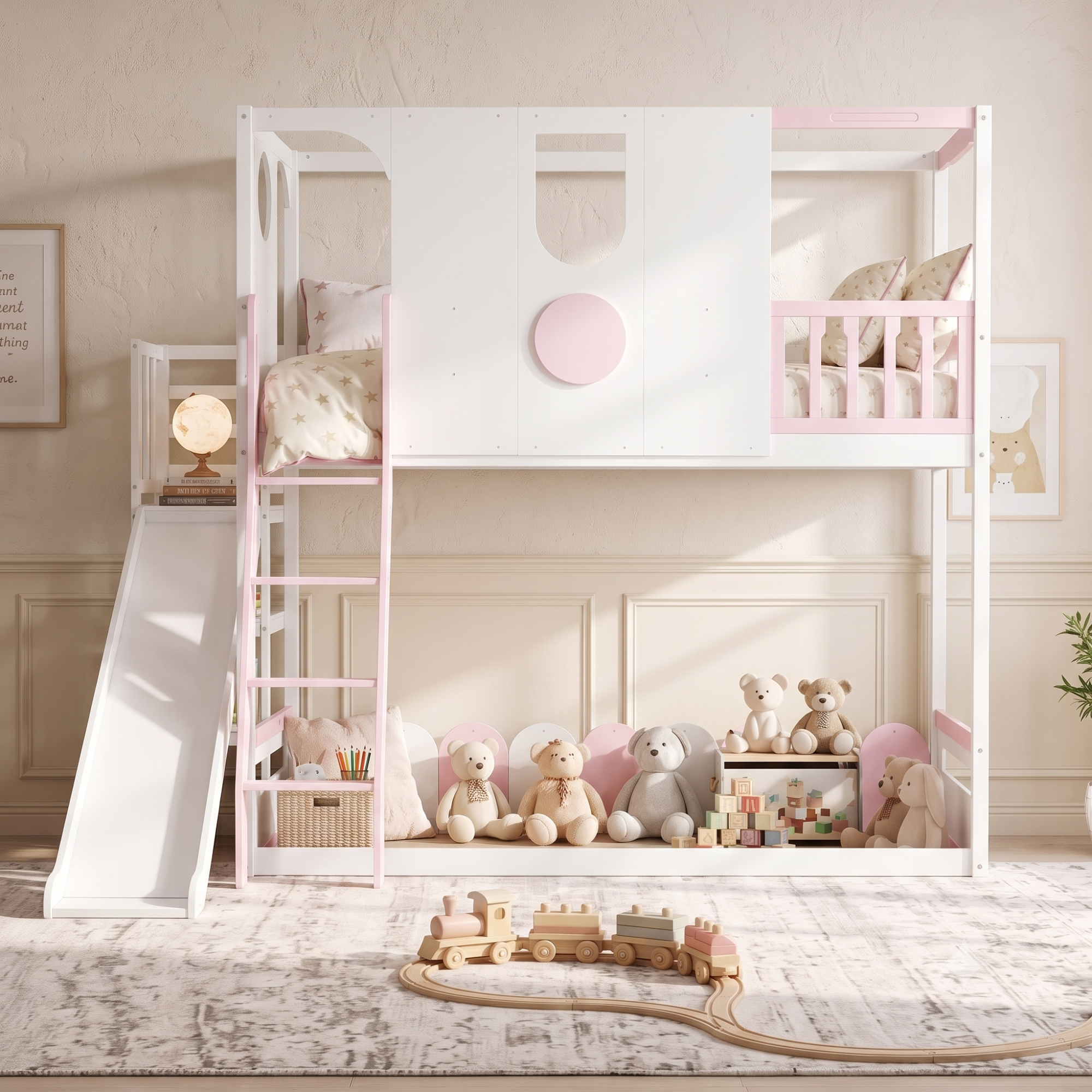 Twin Size Kids Loft Bed With Slide, Storage Shelves And Guardrails