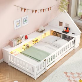 Twin Size Wood Floor Bed With Guardrail,  Storage Cabinets, LED, USB Port & Plug Outlets