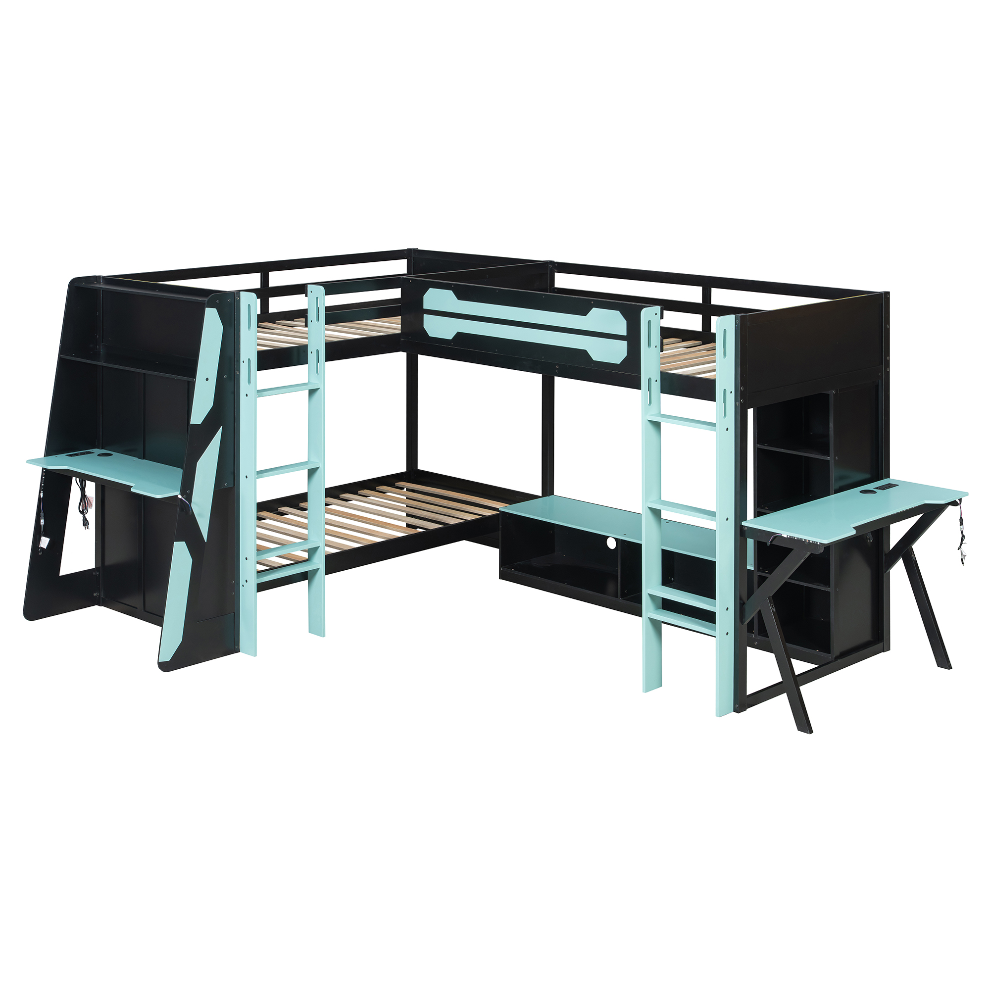 L-Shaped Wooden Twin Size Gaming Bed Frame with RGB LED Lights, USB Ports, TV Stand & Storage Shelves