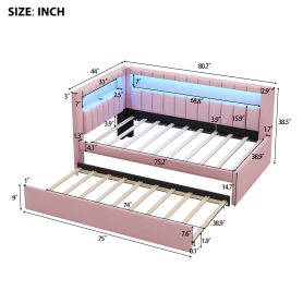 Upholstered Twin Size Platform Bed with Trundle, USB Ports and LED Belt