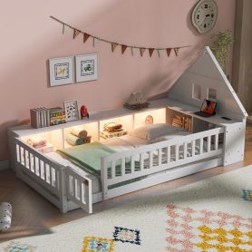 Twin Size Wood Floor Bed With Guardrail,  Storage Cabinets, LED, USB Port & Plug Outlets