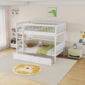 Twin Over Twin Pine Wood Bunk Bed With 2 Drawers, Convertible into 2 Twin Beds