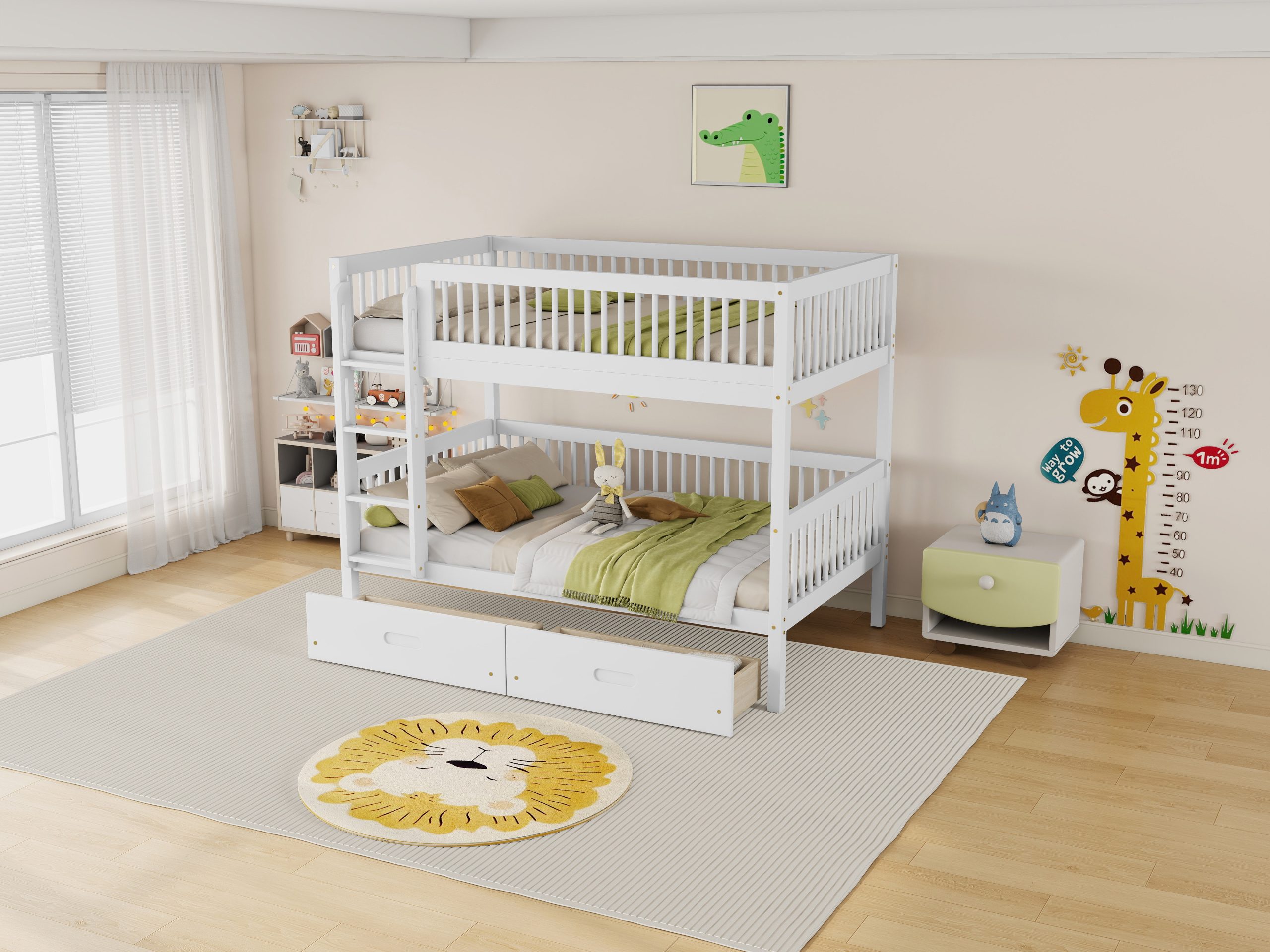 Twin Over Twin Pine Wood Bunk Bed With 2 Drawers, Convertible into 2 Twin Beds