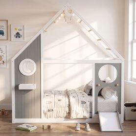 Wooden Playhouse Design Platform Bed with Front Panel and Slide