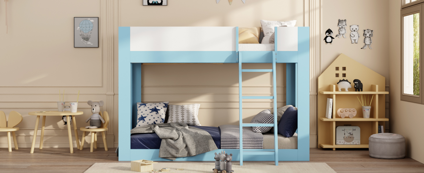 Twin Size Low Convertible Bunk Bed With Reversible Ladder And Safety Guardrails