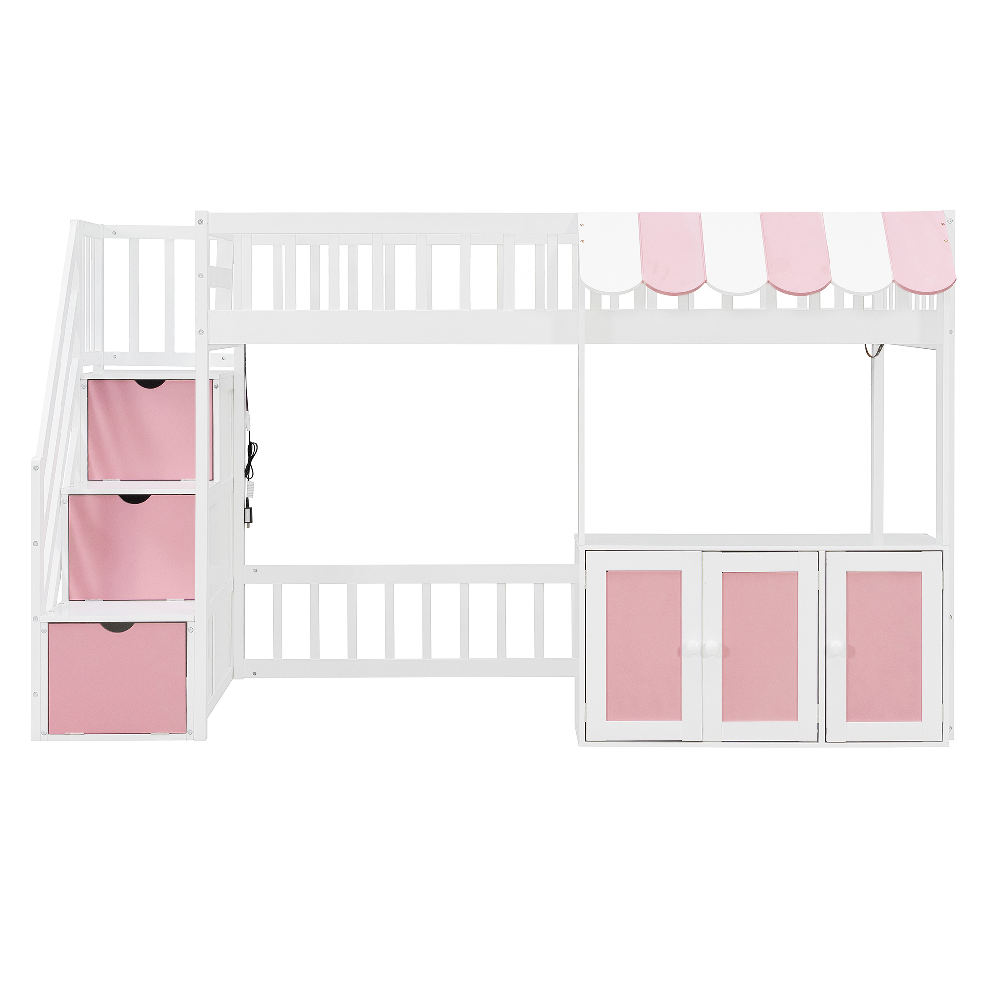 Twin Size Loft Bed with Storage Steps, LED Light, Under Bed Cabinets