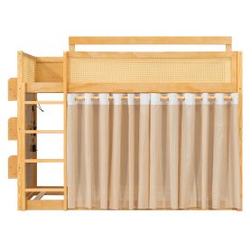 Twin Size Bunk Bed with 3-Tier Storage Shelf, Rattan Decor, Privacy Curtains & Lights