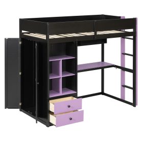Twin Size Solid Wood Loft Bed with Desk, Storage Cabinet and Wardrobe