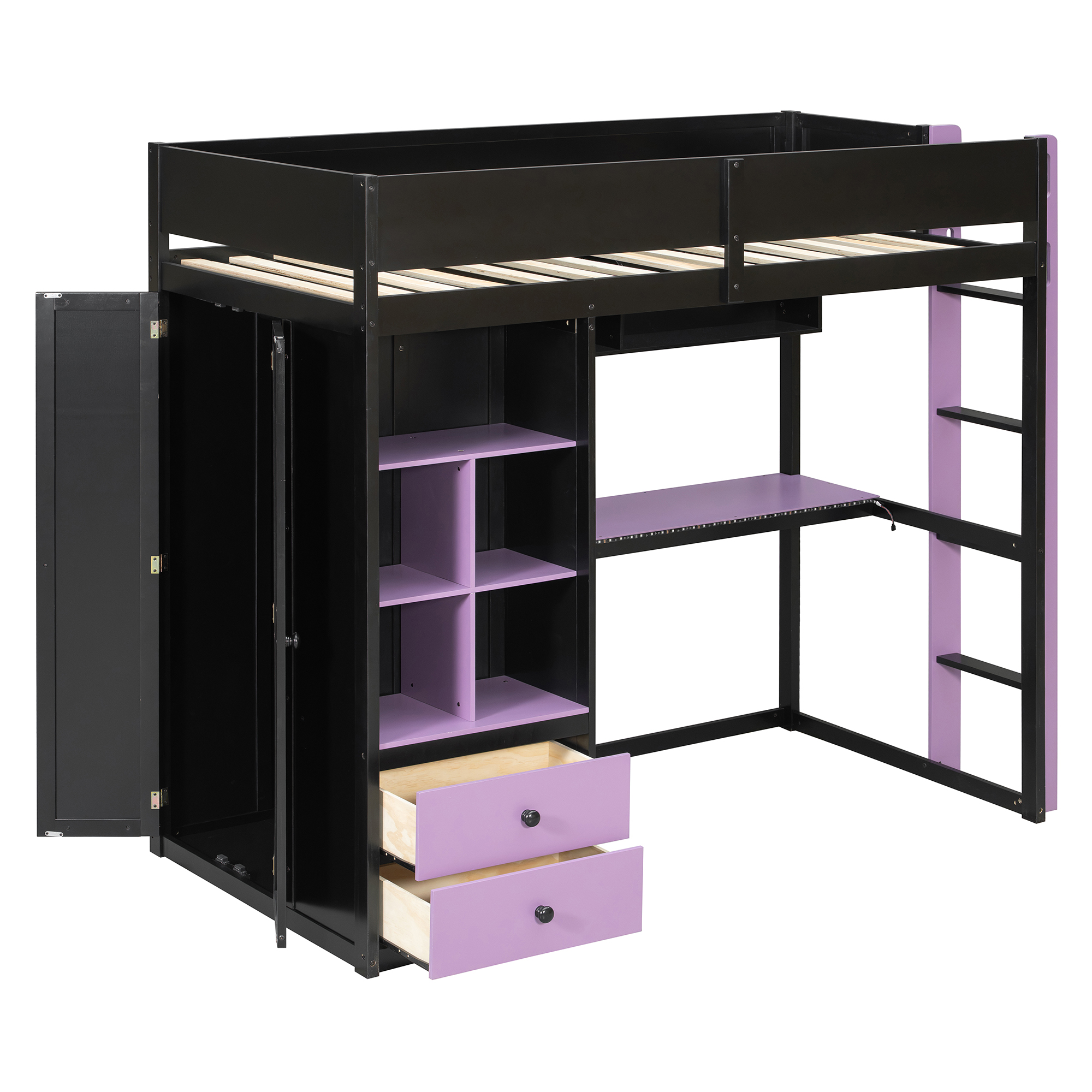 Twin Size Solid Wood Loft Bed with Desk, Storage Cabinet and Wardrobe