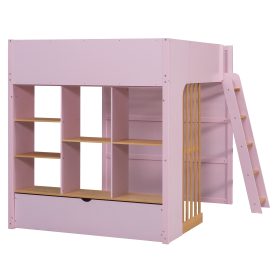 Full Size Wooden High Sleeper Loft Bed with Ladder and Storage Shelves