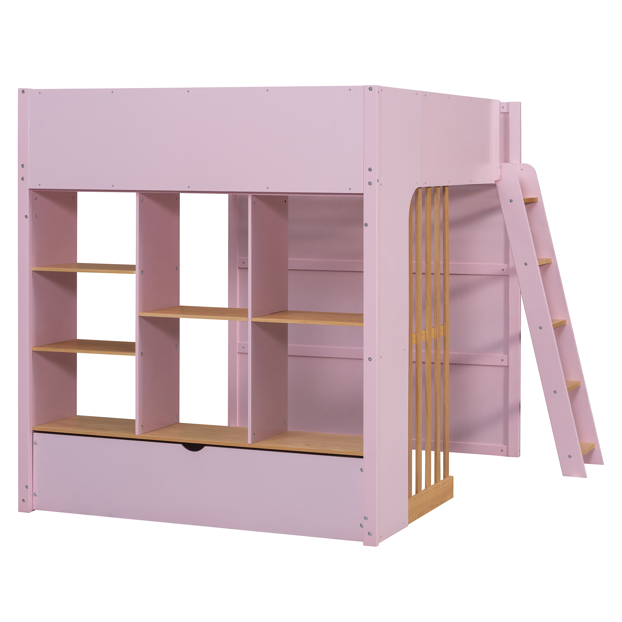 Full Size Wooden High Sleeper Loft Bed with Ladder and Storage Shelves