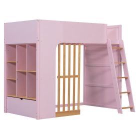 Twin Size Wooden High Sleeper Loft Bed with Ladder and Storage Shelves