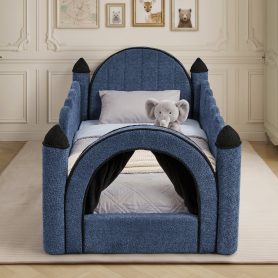 Twin Size Castle Bed with Safety Guardrail and Curtain