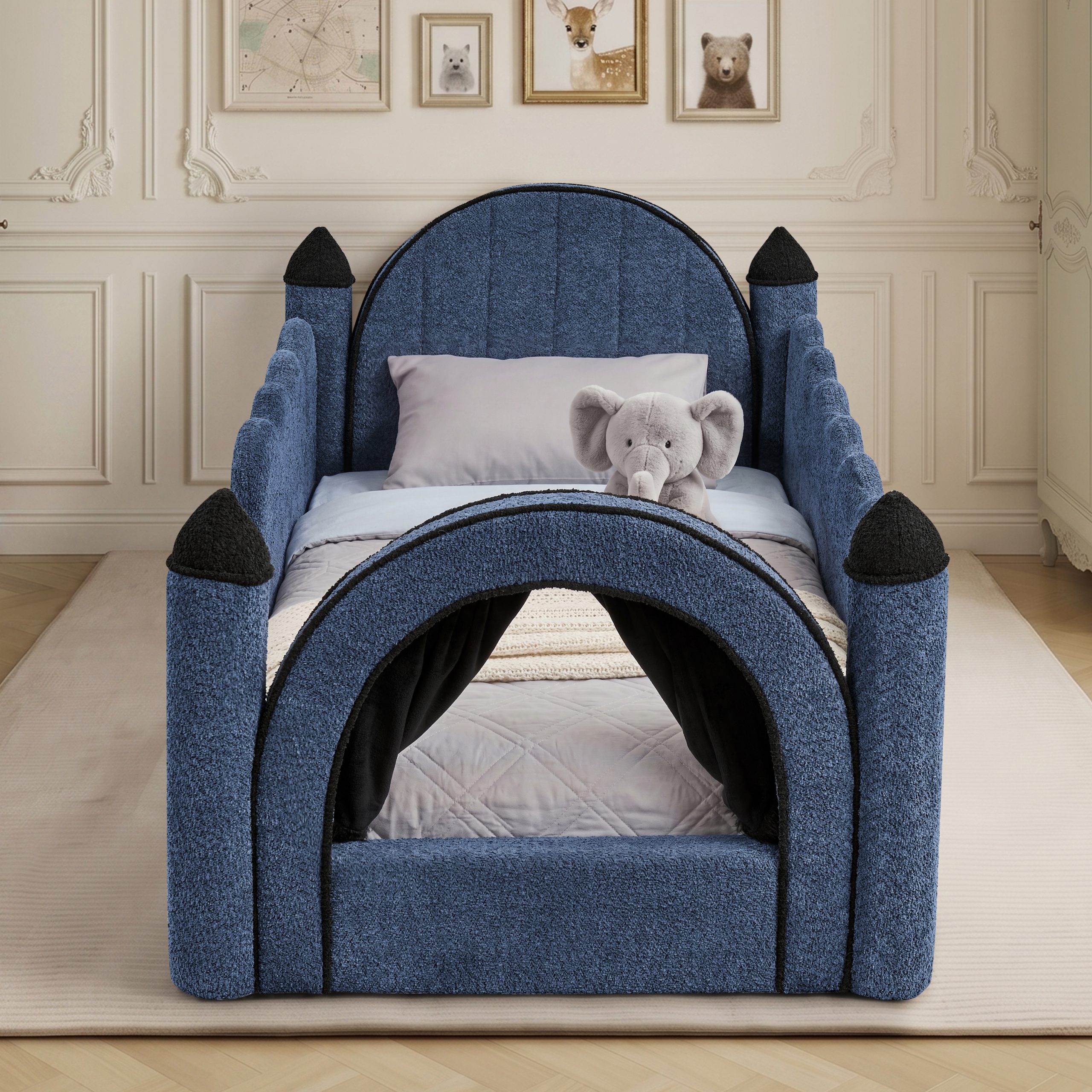 Twin Size Castle Bed with Safety Guardrail and Curtain
