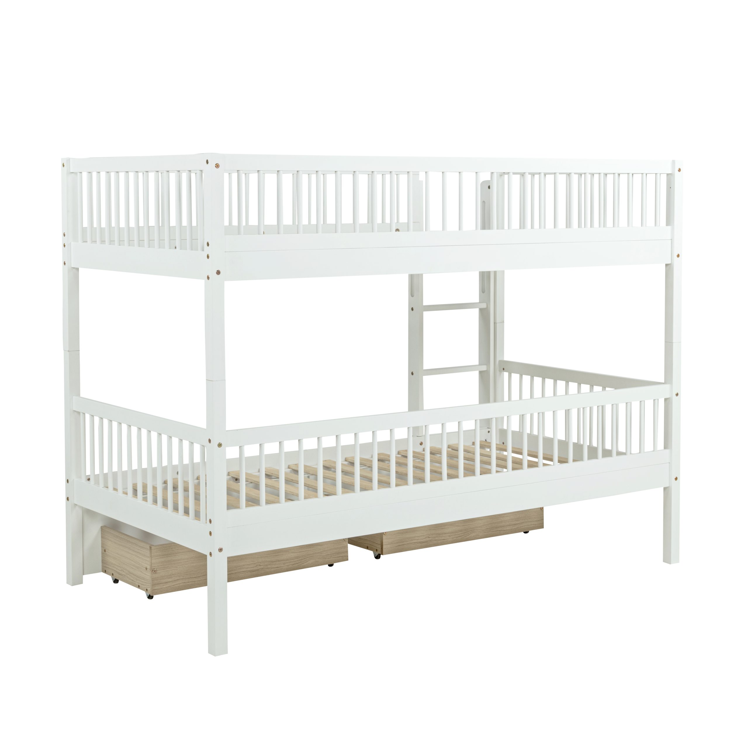 Twin Over Twin Pine Wood Bunk Bed With 2 Drawers, Convertible into 2 Twin Beds