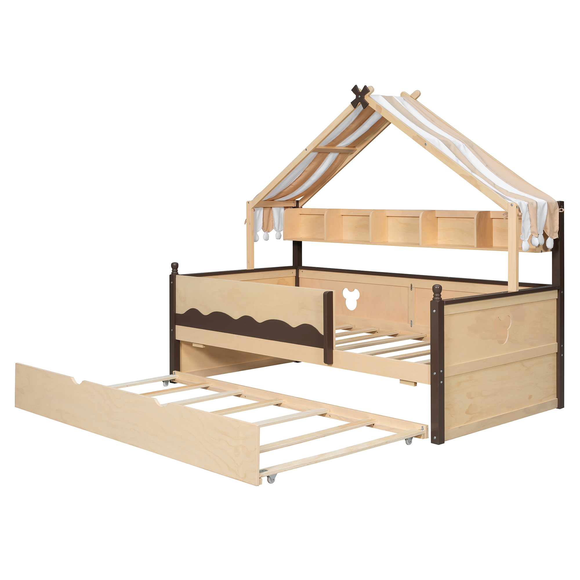 Twin Size House-Shaped Daybed with Built-In Bookshelf and Trundle